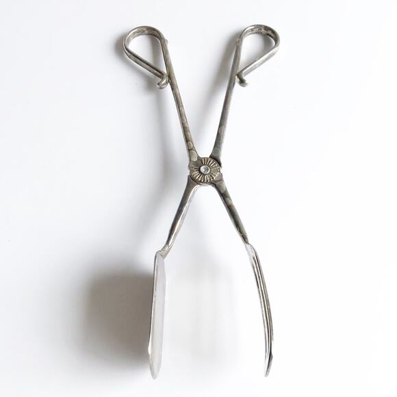 Vintage Silver Serving Scissors Serving Piece Flat Vegetable Tongs Holiday Gifts - Picture 1 of 12